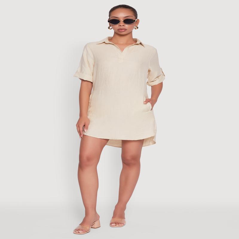 Trendy Linen Shirt Dress with Collared Neck