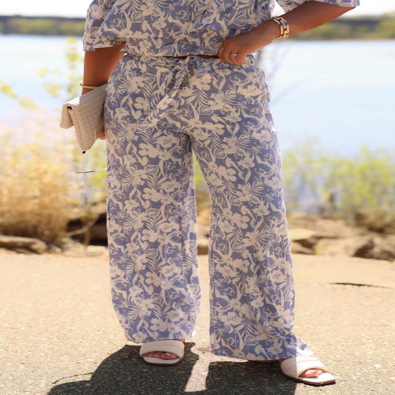 Blue Floral Print Linen Pants - DOORBUSTER