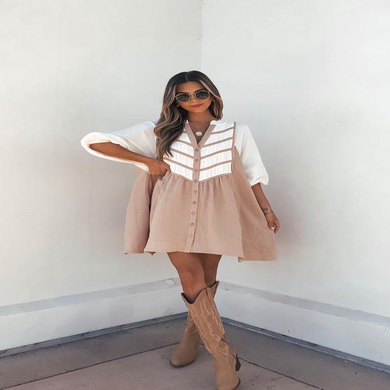 Cream Color Block Tunic Dress