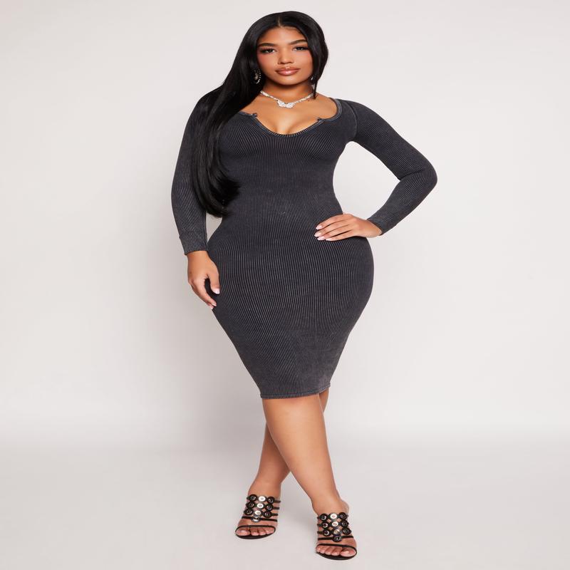 Daisy Rib Knit Notch Neck Bodycon Dress