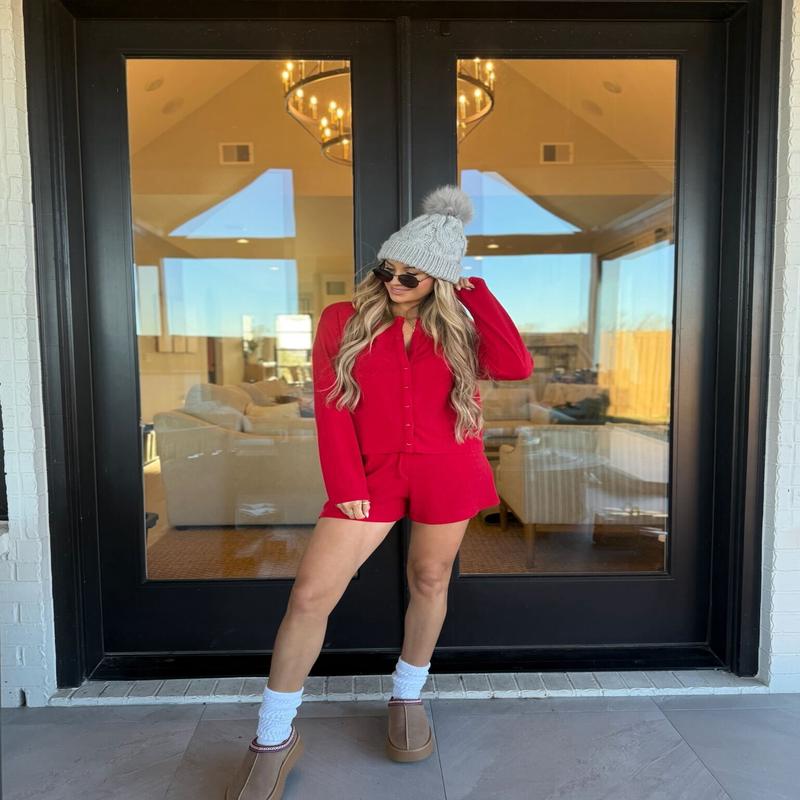 Red Heart Shaped Pointelle Button Down Top - FINAL SALE