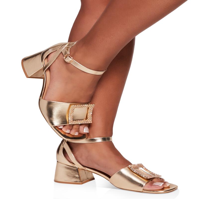 Rhinestone Square Pendant Block Heel Sandals