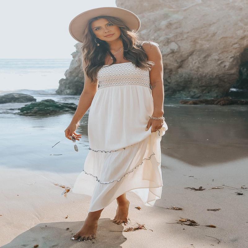 Tie Strap Smocked Ivory Tiered Contrast Maxi - DOORBUSTER