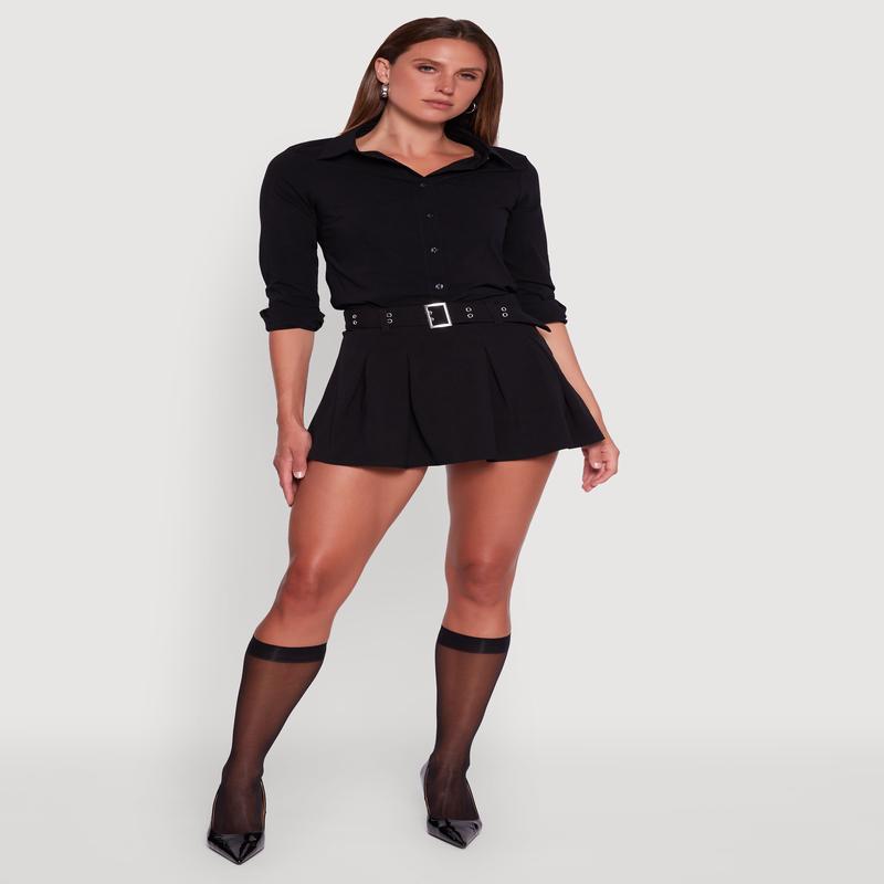 Belted High Waisted Pleated Mini Skirt