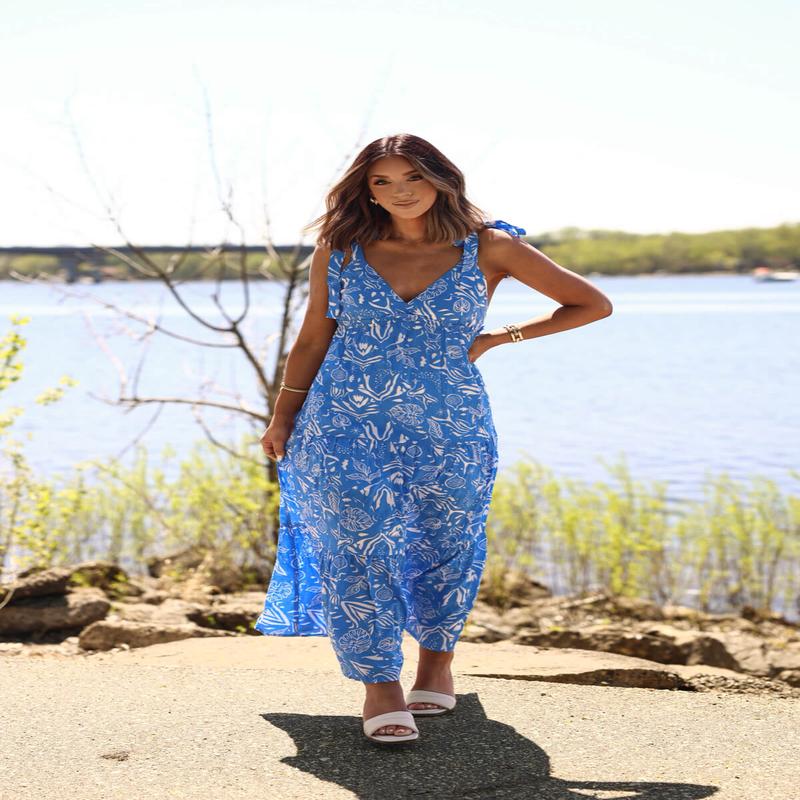 Blue and White Print Tiered Maxi Dress - DOORBUSTER