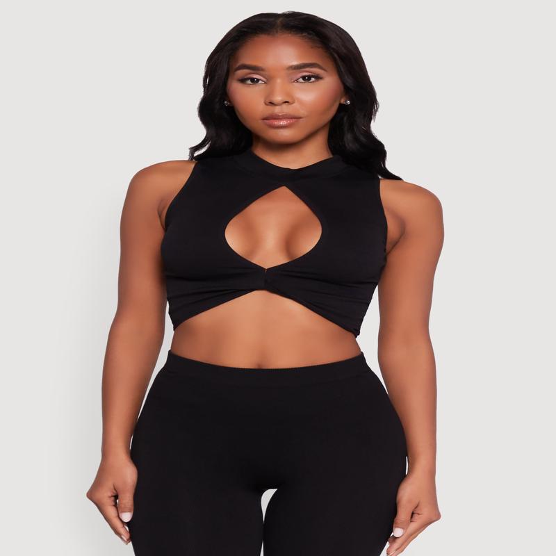 Chic Rib Knit Mock Neck Twist Front Crop Top