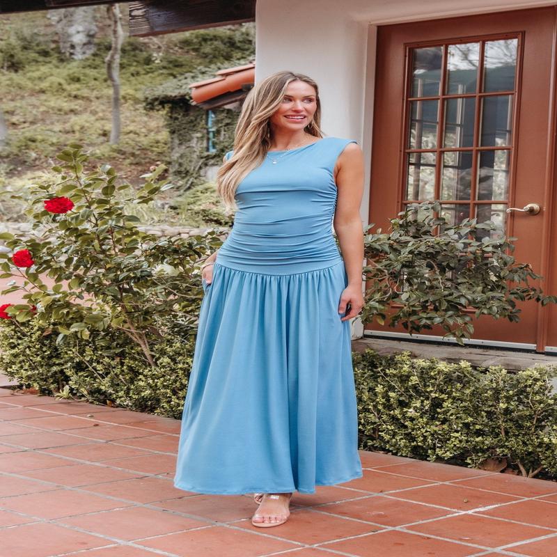 Emma Ruched Drop Waist Maxi Dress - Teal- FINAL SALE