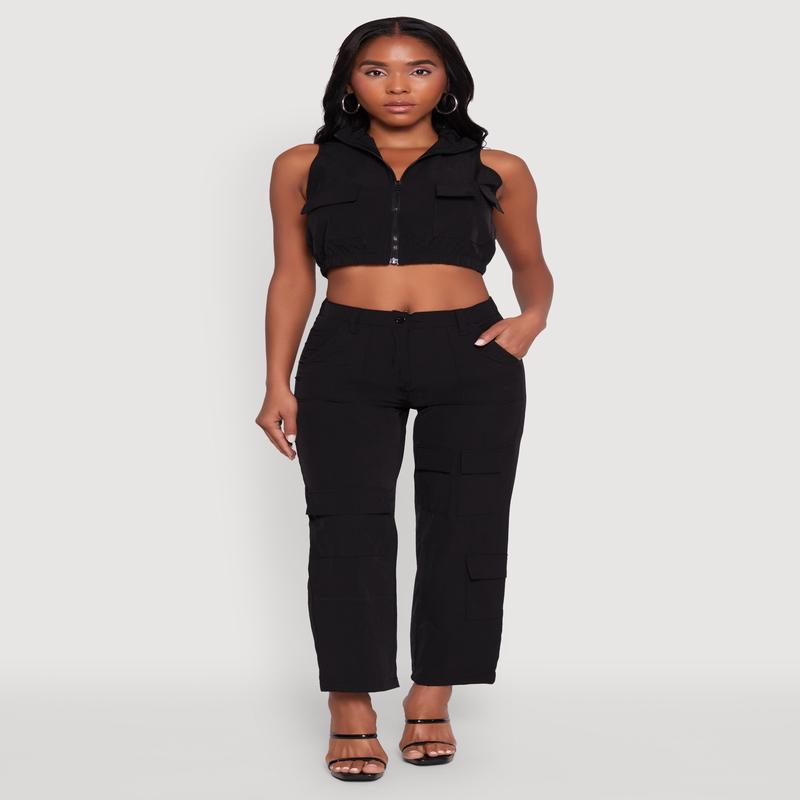 High Waisted Nylon Cargo Pants