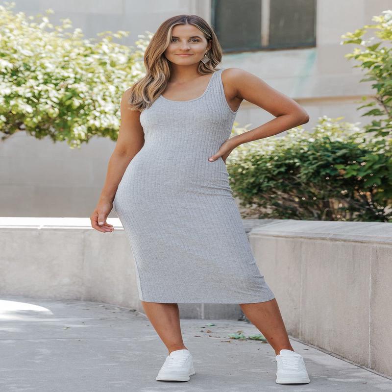 Light Grey Ribbed Tank Midi Dress-FINAL SALE