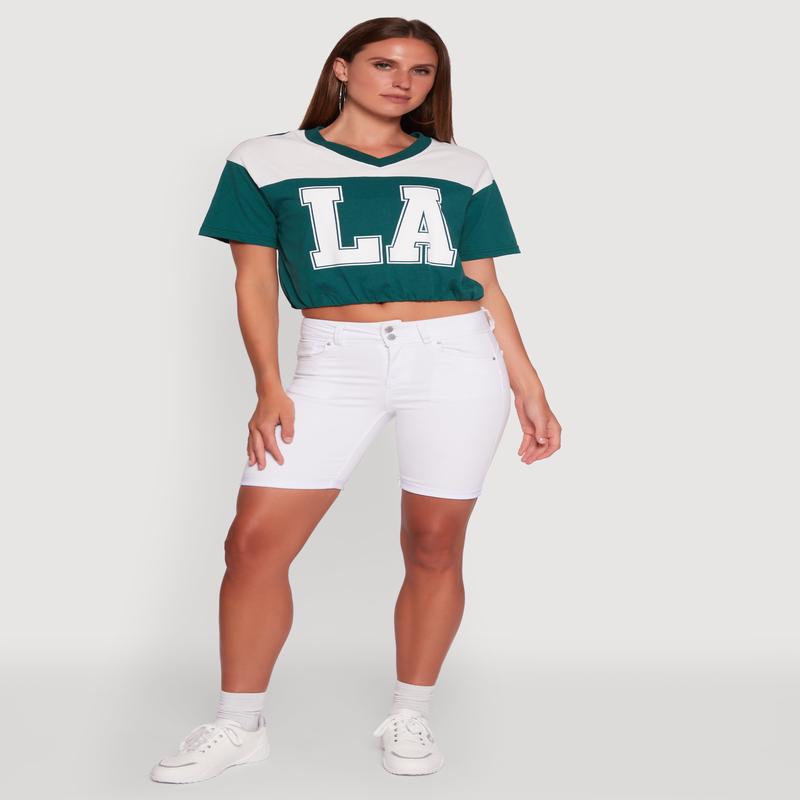 Madden Girl Color Block Cropped V-Neck Graphic Tee