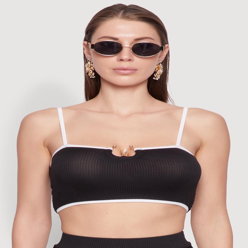 Metallic Notch Neck Contrast Trim Crop Top
