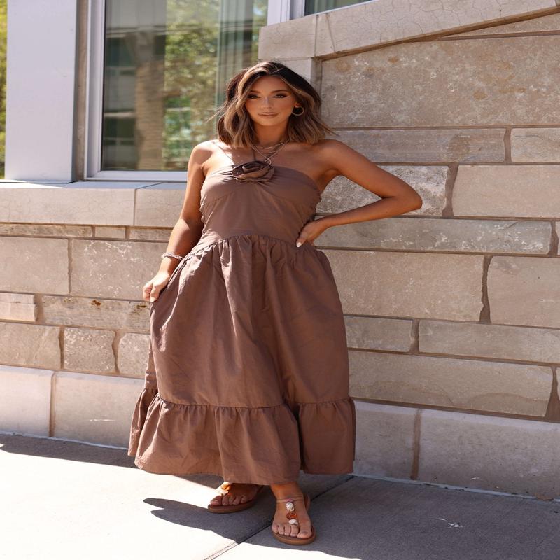 Mocha Rosette Detail Halter Tiered Maxi Dress - FINAL SALE