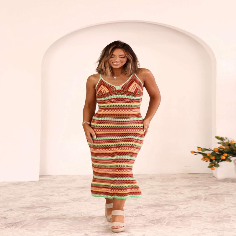 Multi Striped Crochet Midi Dress - DOORBUSTER