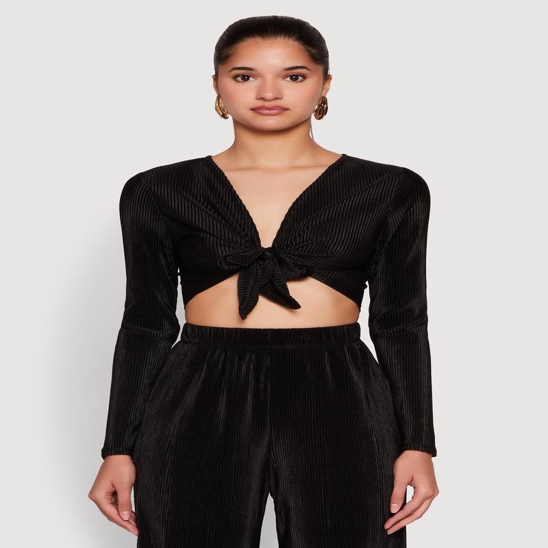 Plisse Tie Front Crop Top