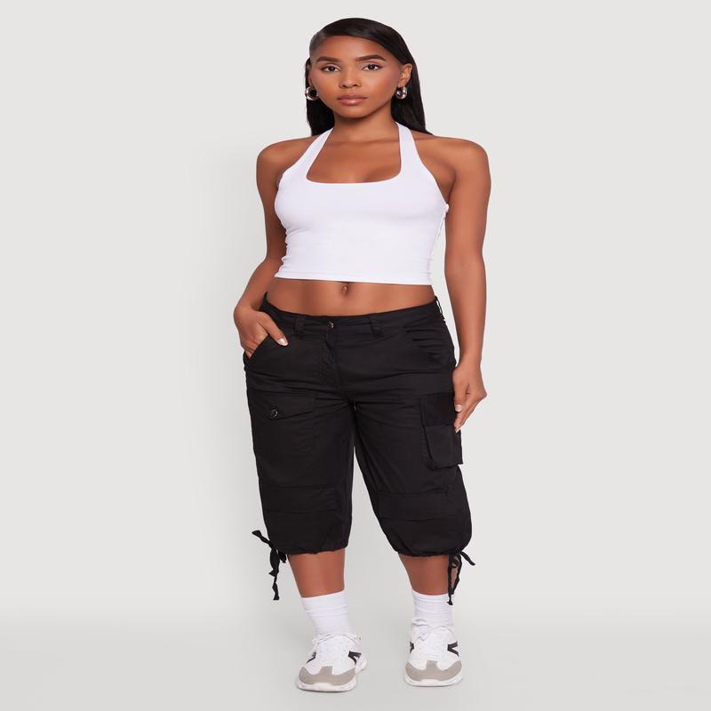 Trendy Cargo Pocket Drawstring Hem Capris Pants