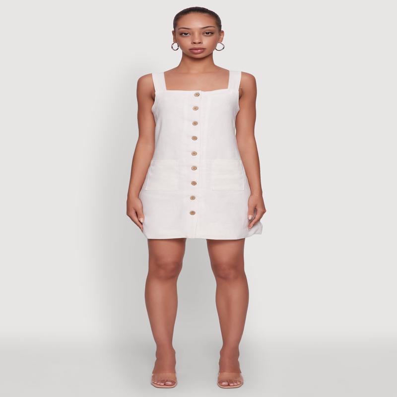 Trendy Linen Button Front Square Neck Dress