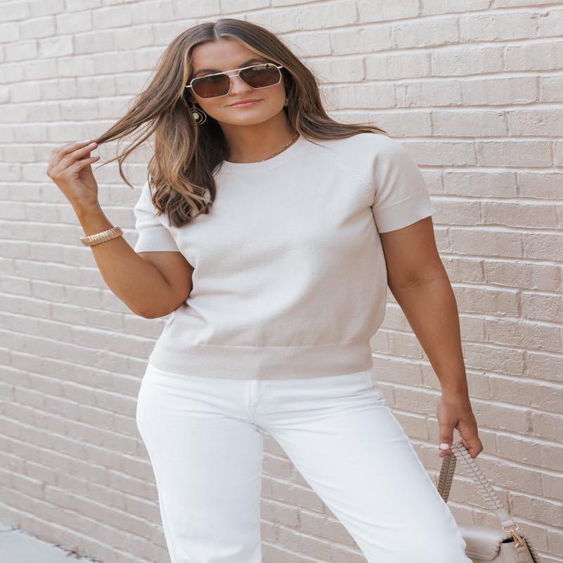 Beige Short Sleeve Crew Neck Sweater