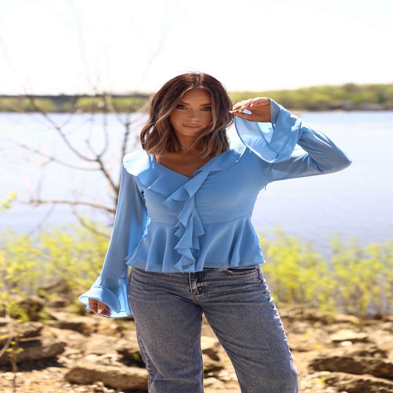 Blue Coastal Charm Ruffle Detail Blouse - FINAL SALE