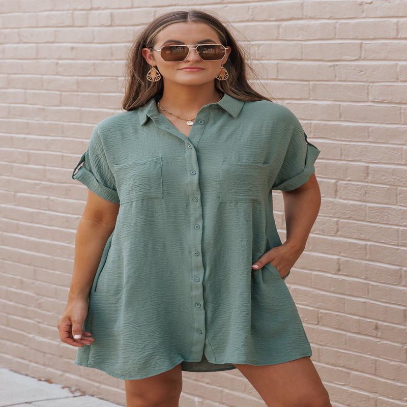 Green Button Up Shirt Dress - FINAL SALE