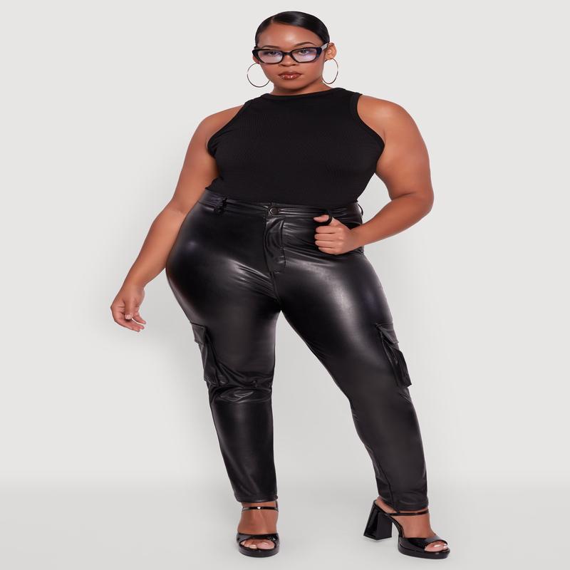 Plus Size Faux Leather High Waisted Cargo Pants