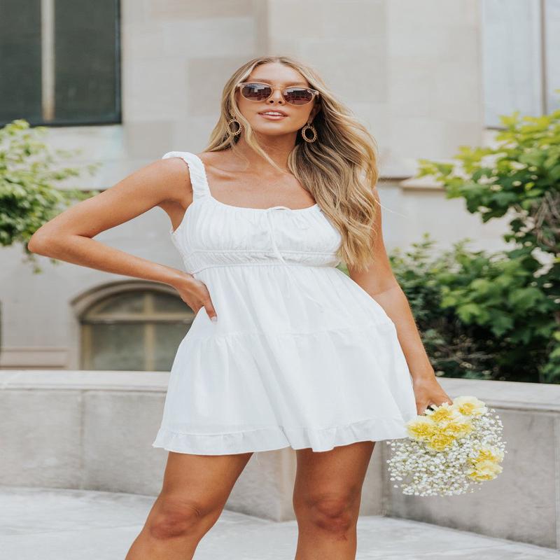 Square Neck White Gathered Tiered Dress - DOORBUSTER