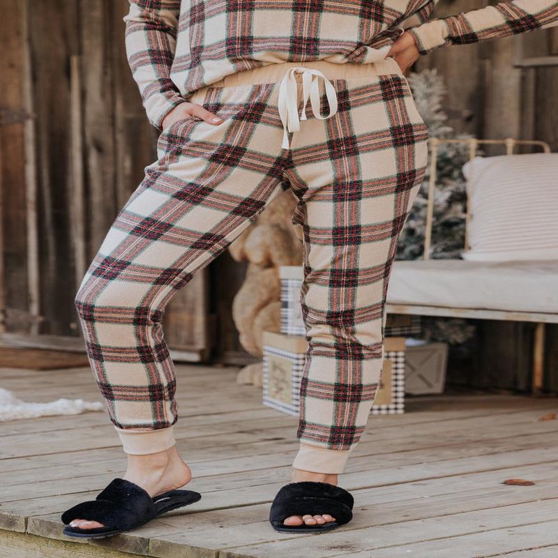Taupe Tartan Plaid Jogger Pajama Pants - DOORBUSTER