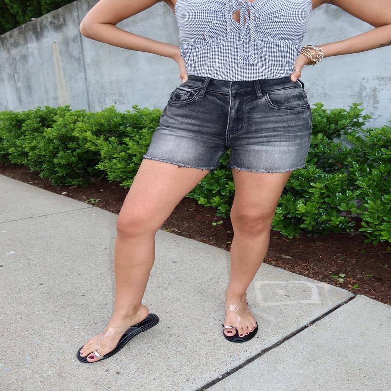 Charcoal High Rise Raw Hem Denim Shorts - FINAL SALE