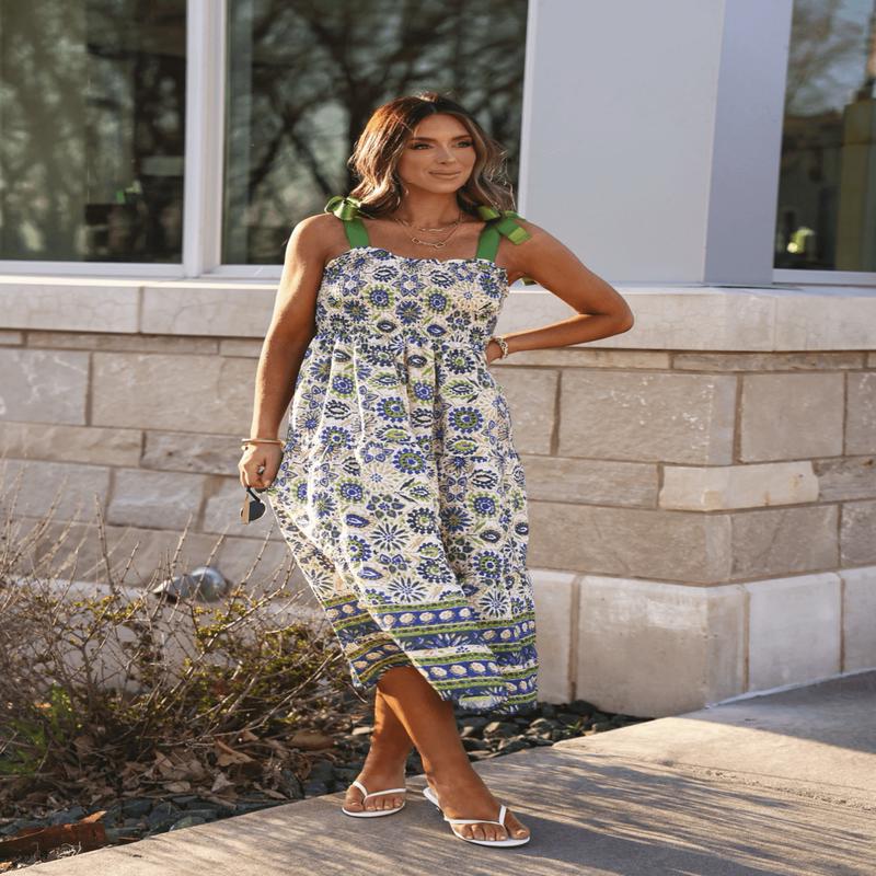 Green Mix Border Print Ribbon Strap Maxi Dress - FINAL SALE