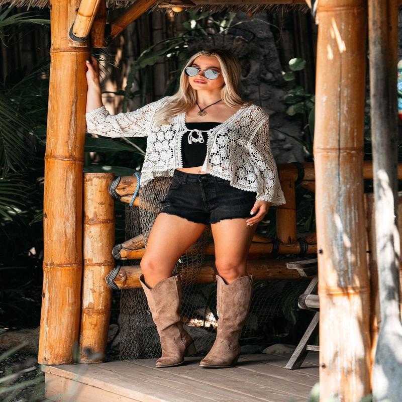 Kimono Sleeve Tie Front Crochet Cardigan - Natural - FINAL SALE