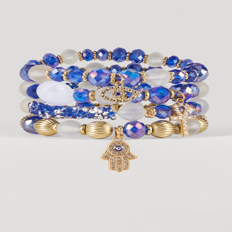 Rhinestone Charm Beaded Stretch Bracelets Set of 4