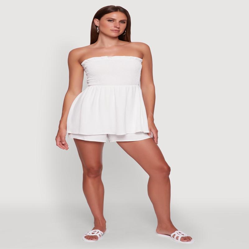 Airy Smocked Peplum Tube Romper