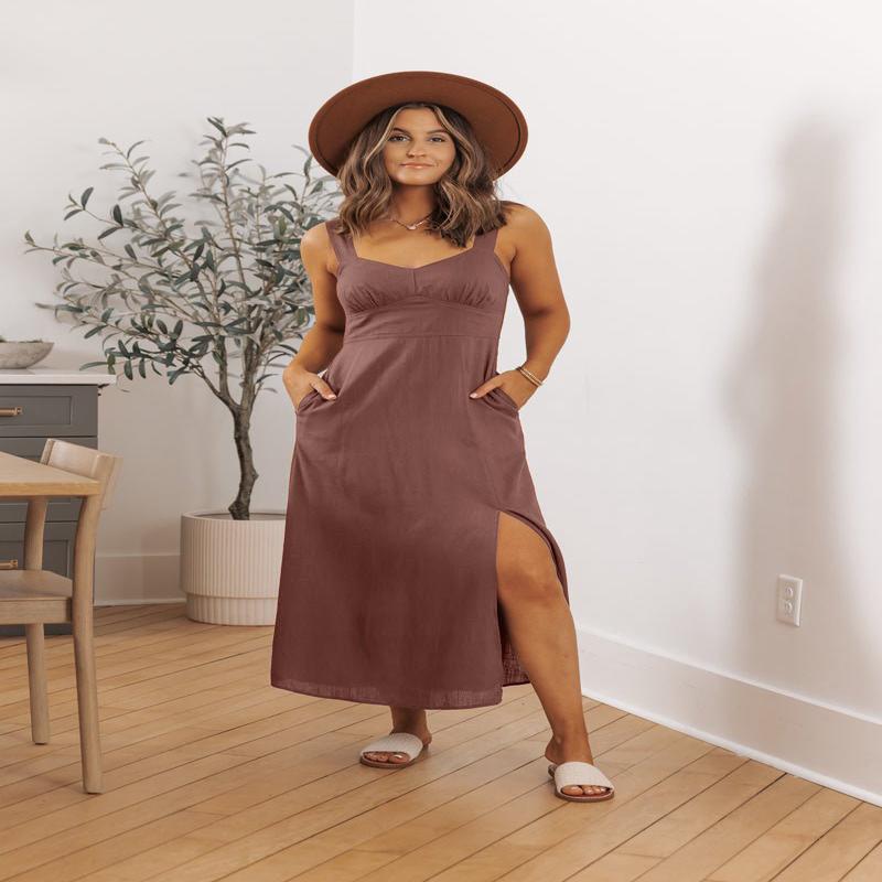 Brown V Neck Linen Midi Dress - DOORBUSTER