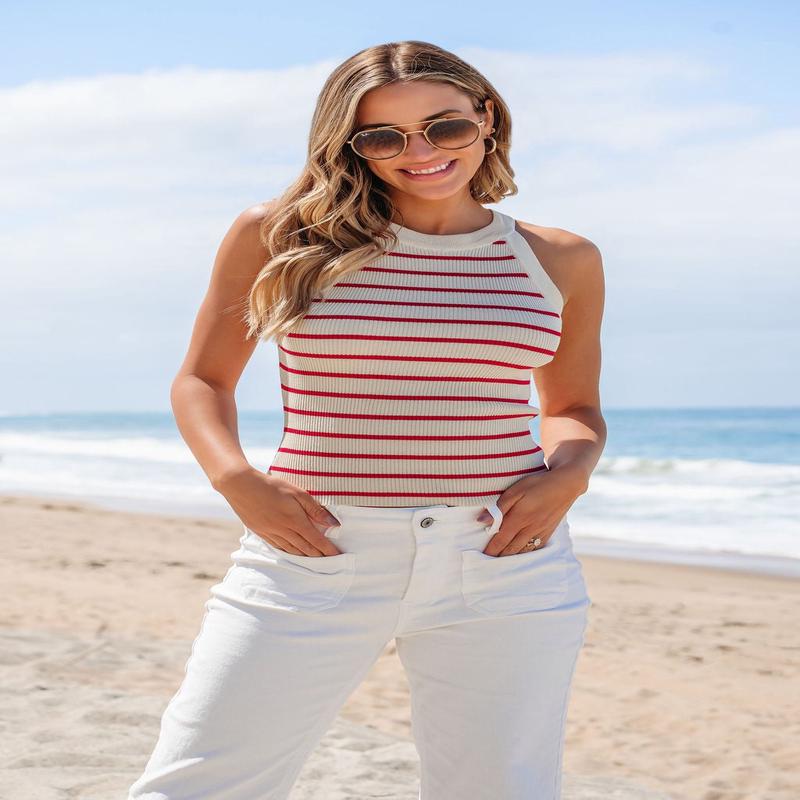 Cream and Red Striped Sweater Tank Top - FINAL SALE