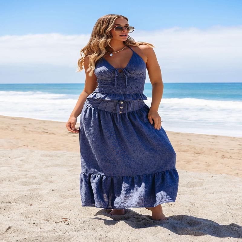 Denim Smocked Ruffle Halter Tank Top - FINAL SALE