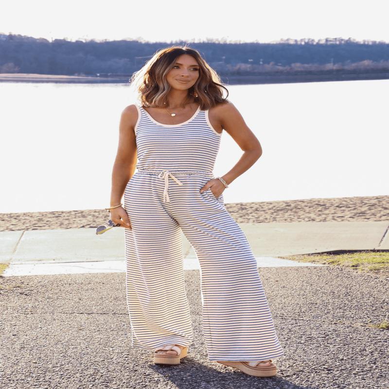Harbor Breeze Natural Sleeveless Striped Jumpsuit - DOORBUSTER