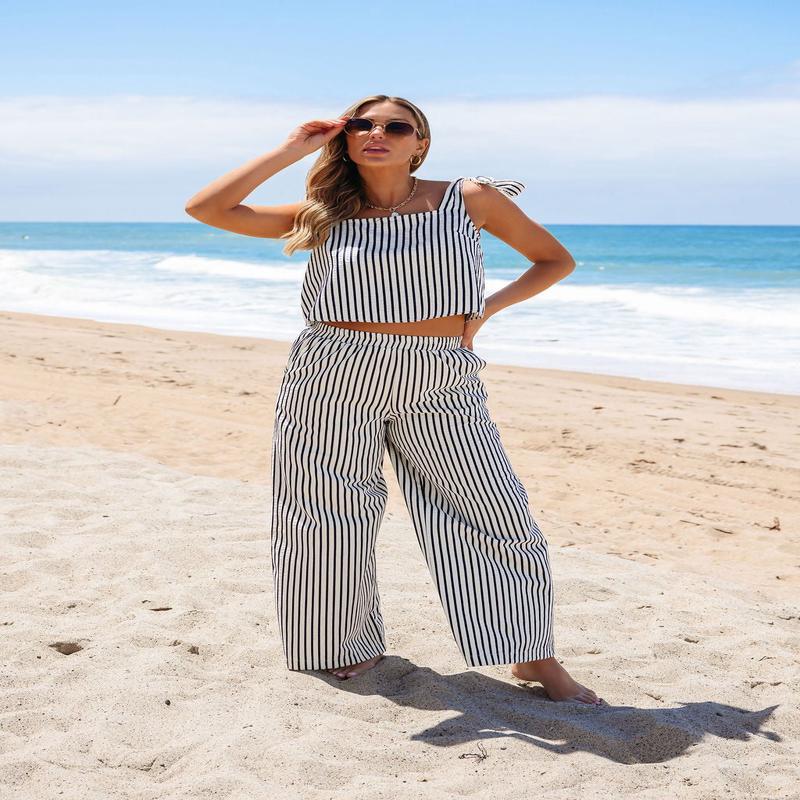 Ivory and Denim Striped Wide Leg Pants - FINAL SALE