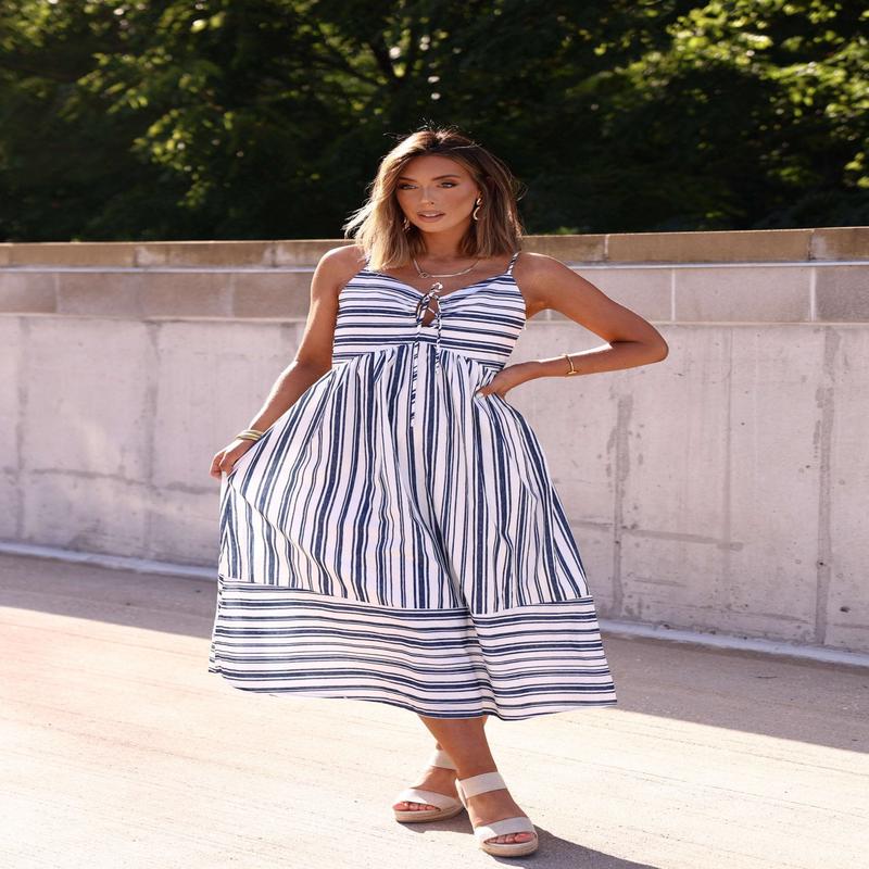 Navy and White Striped Tie Front Midi Dress - FINAL SALE