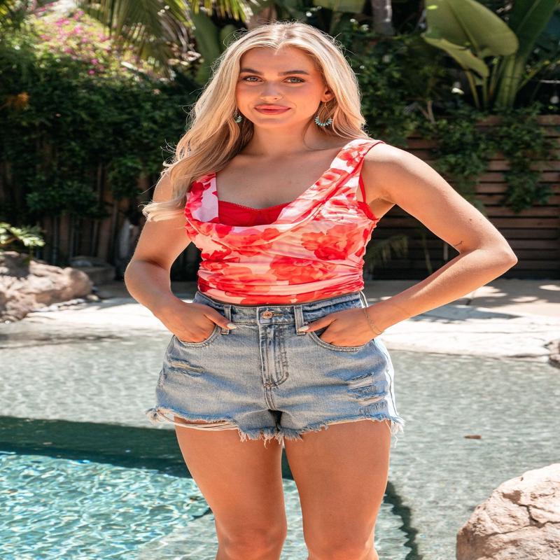 Red Floral Mesh Built-in-Bra Top - DOORBUSTER