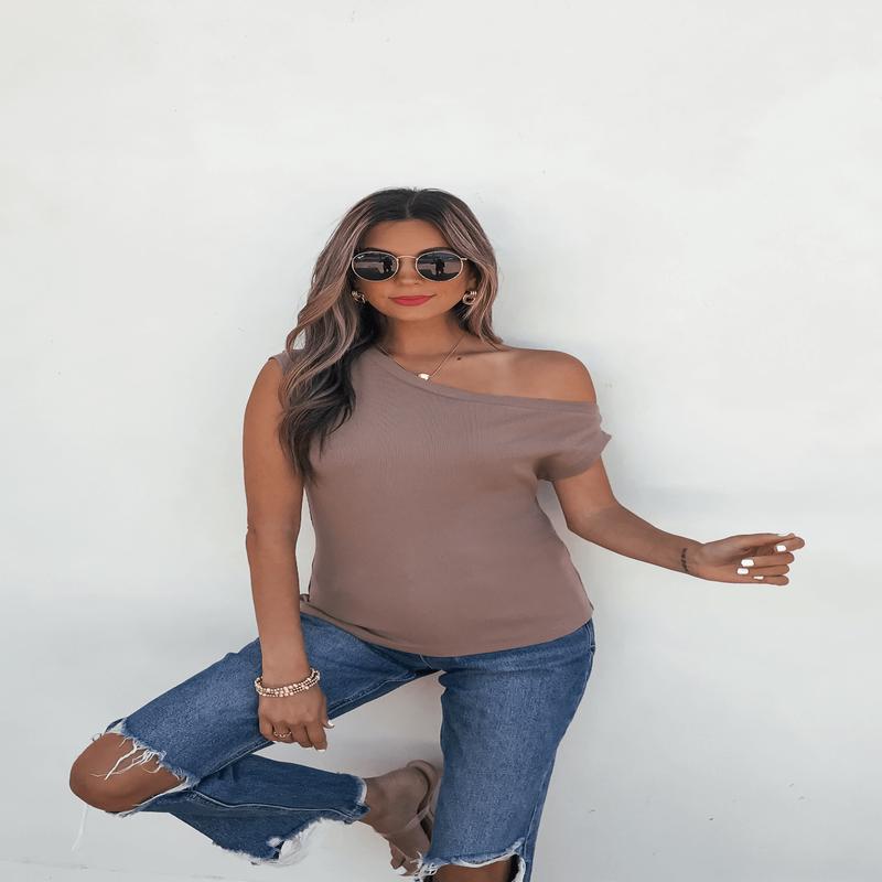 Brown Off The Shoulder Ribbed Top - FINAL SALE
