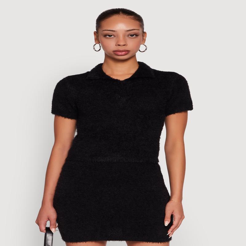 Eyelash Knit Cropped Polo Shirt