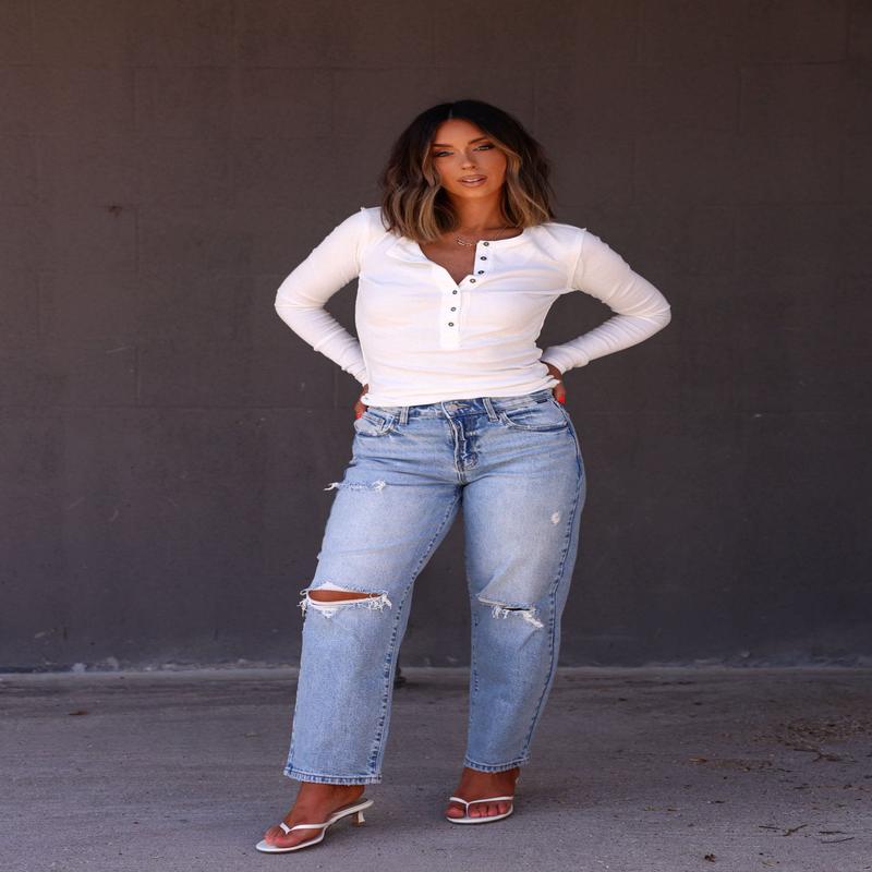 Light Wash Mid Rise Distressed Dad Jeans