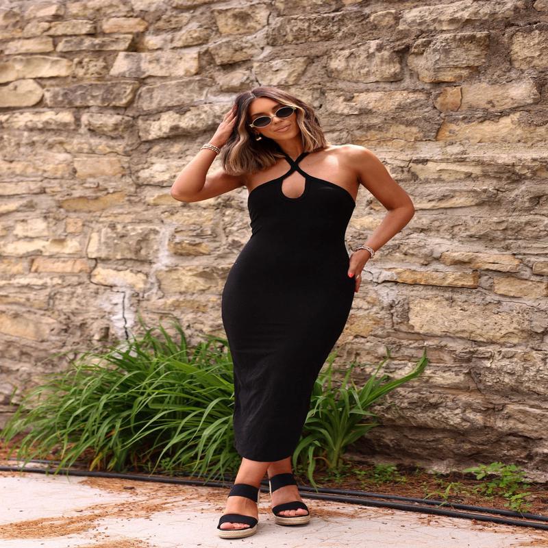 Midnight Curve Black Halter Midi Dress - FINAL SALE