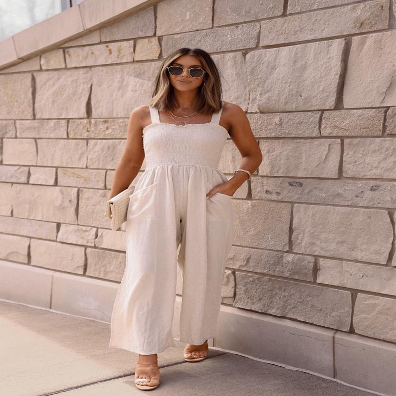 Sleeveless Oatmeal Smocked Linen Jumpsuit - FINAL SALE