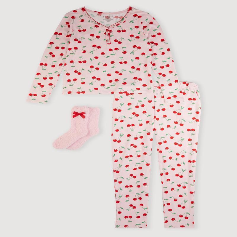 Waffle Knit Cherry Print Thermal Pajama Gift Set