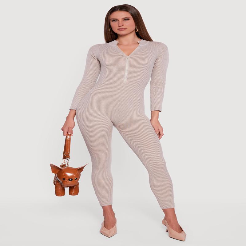 Zip Front Mock Neck Ribbed Knit Jumpsuit