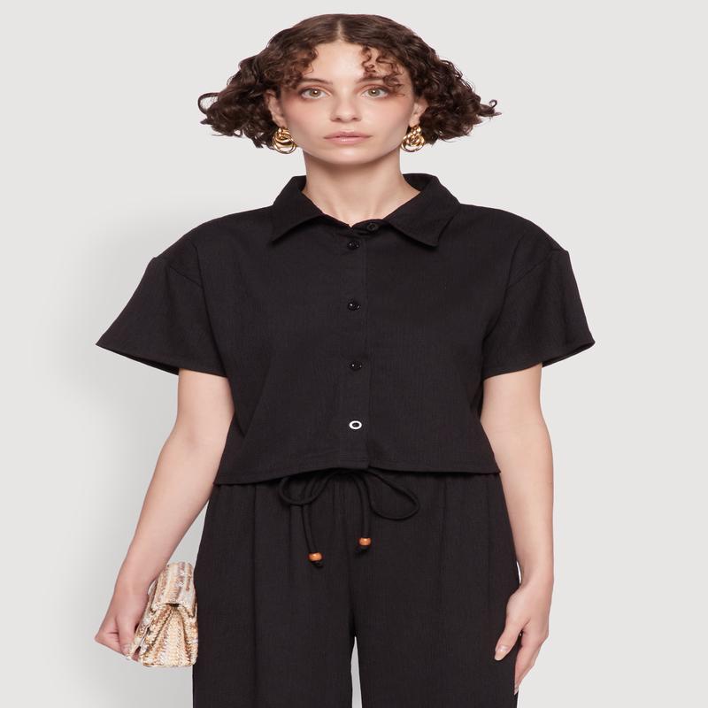 Haute Monde Textured Knit Button Front Cropped Shirt