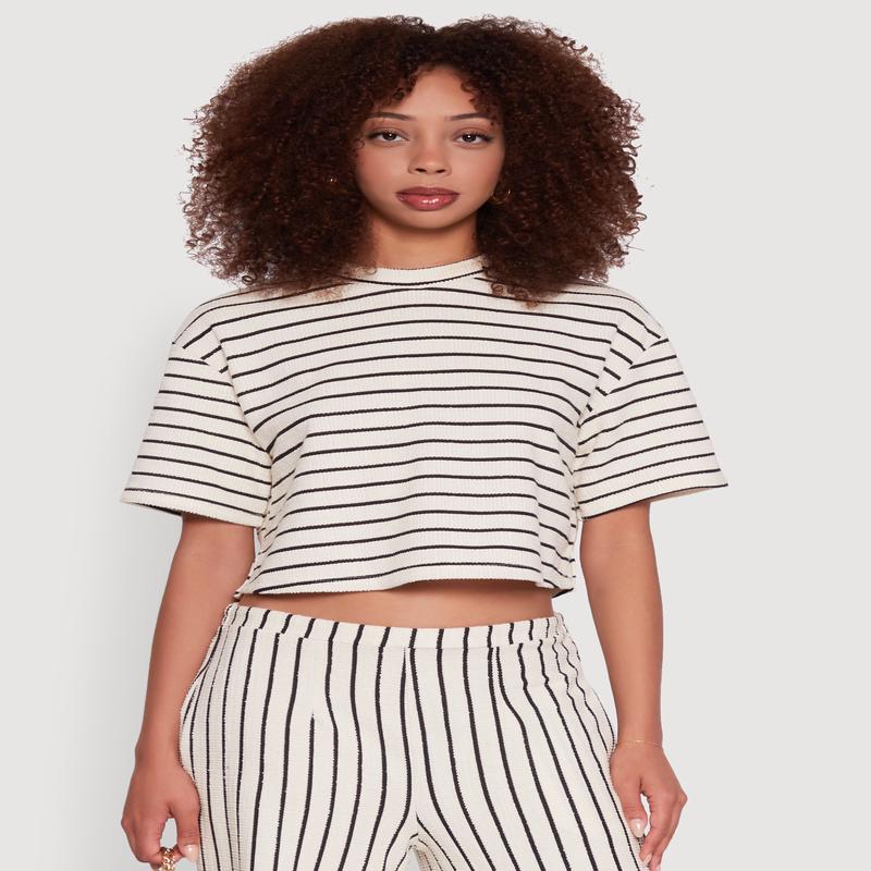 Trendy Classic Fit Striped Textured Knit Crop Top