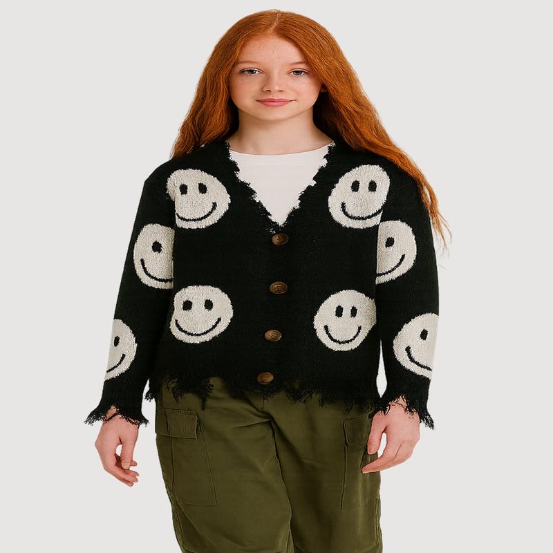 Girls Smiley Face Print Frayed Button Front Cardigan