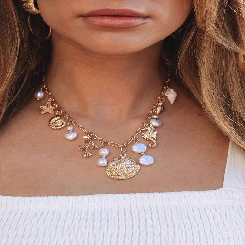 Gold Assorted Sea Life & Pearl Charm Necklace - FINAL SALE