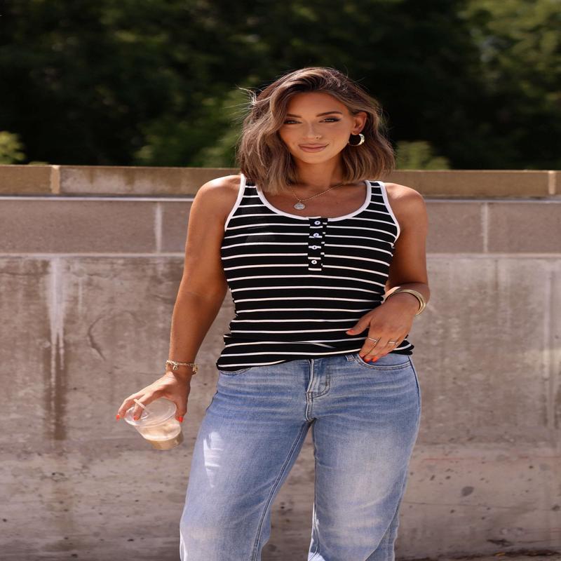Black Striped Rib Button Tank Top - FINAL SALE